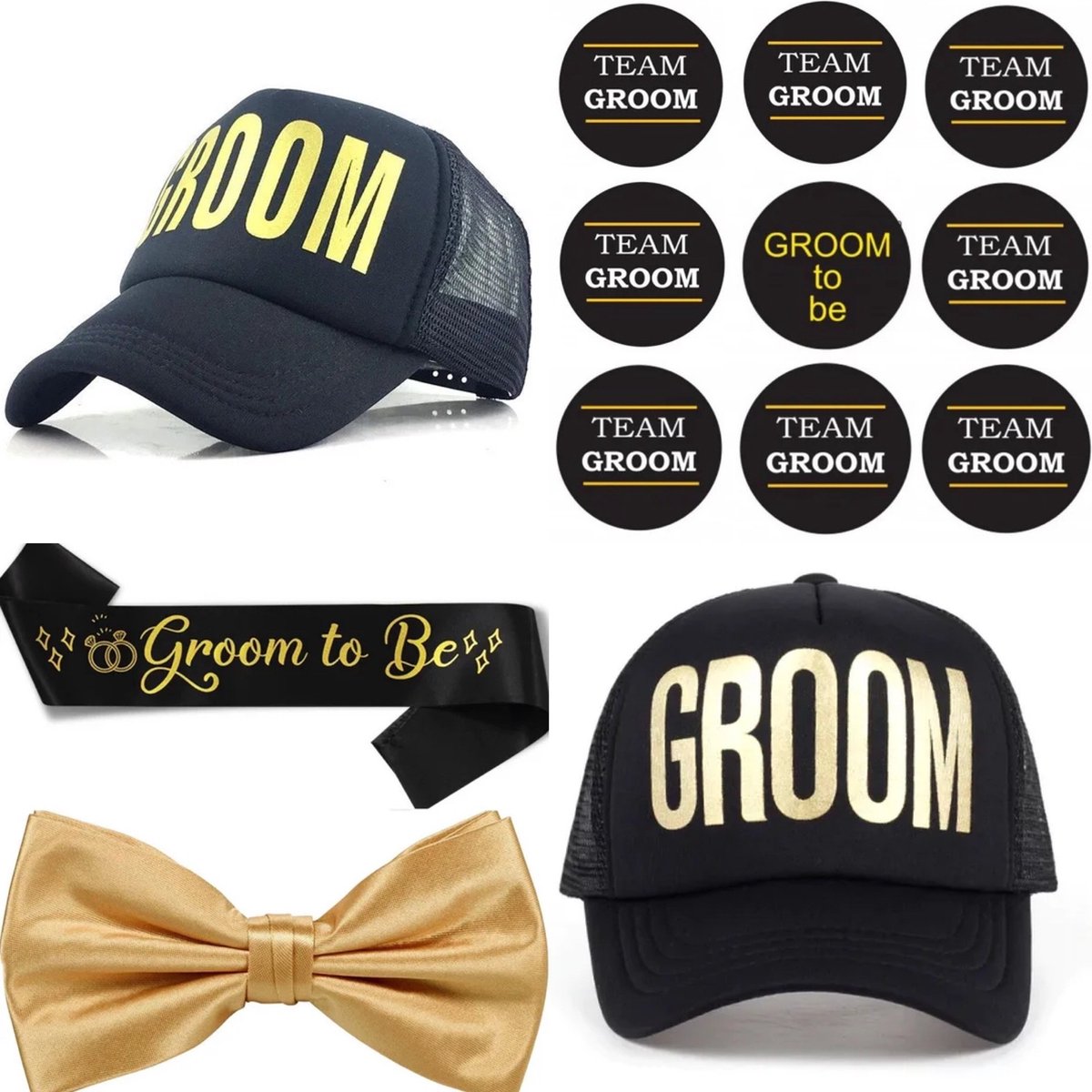 Groom to Be set met cap, sjerp, dasstrik en 9 buttons zwart met goud - groom to be - vrijgezellenfeest - bruidegom - trouwen - huwelijk - cap - strik