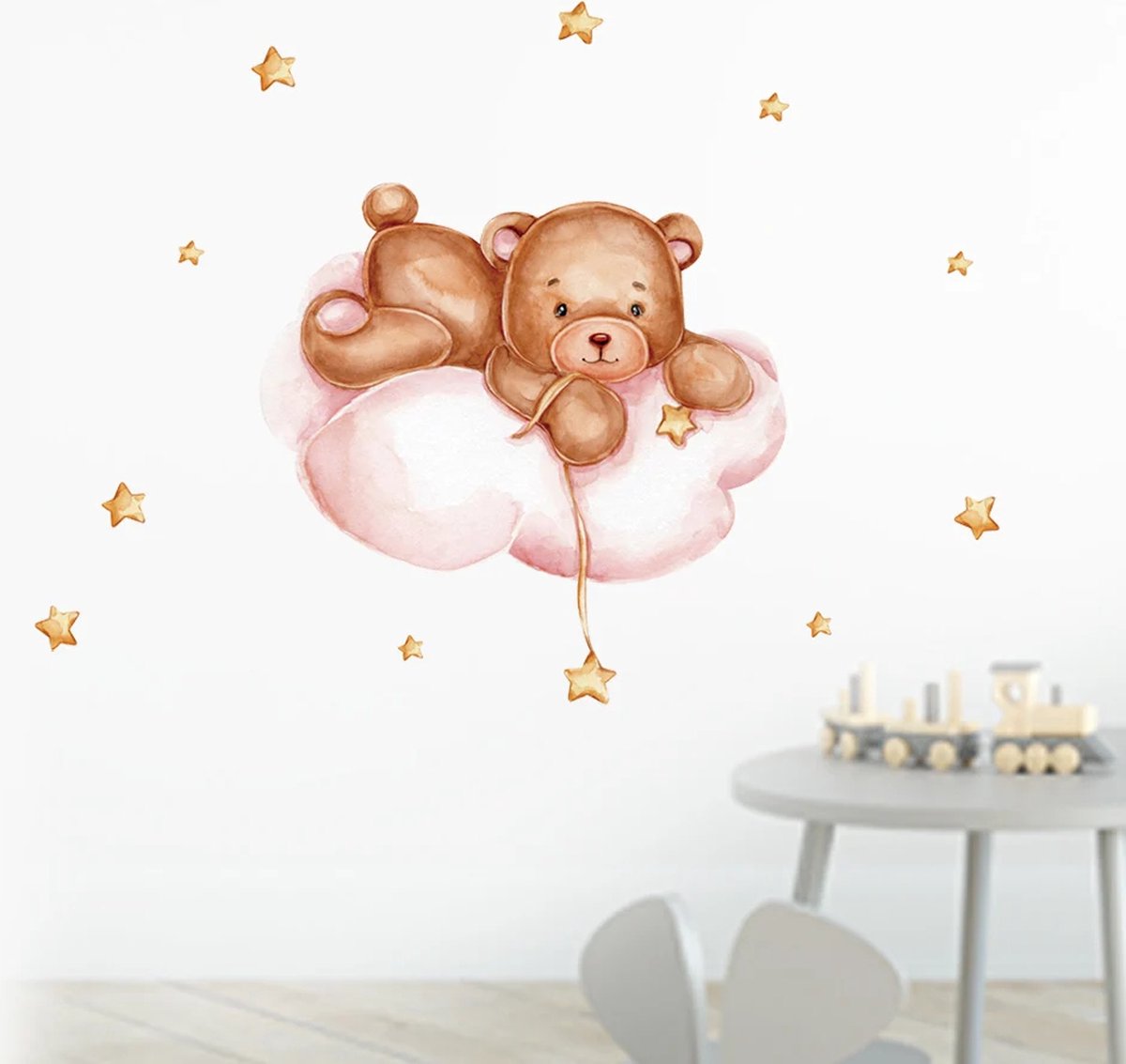 Kinderkamer muur- of deur stickerset Bear on a Cloud pink - beer - muursticker - kinderkamer - muurdecoratie - baby - kind - zwanger - kraamcadeau