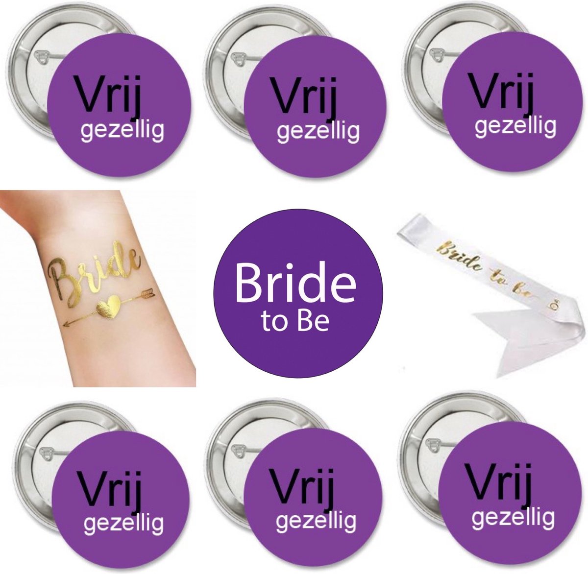 Vrijgezellenfeest set Vrijgezellig en Bride to Be paars wit goud met sjerp buttons en tatoeage - vrijgezellenfeest - bride to be - bruid - trouwen - sjerp - button - tatoeage