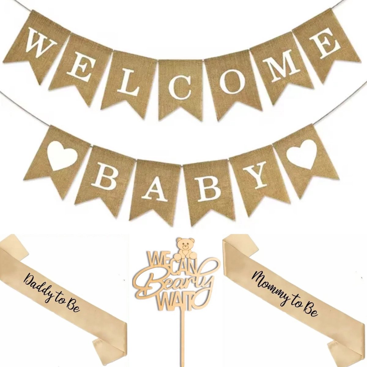 We Can Bearly Wait set met jute slinger, sjerpen en houten taart topper - babyshower - genderreveal - baby - zwanger - geboorte - slinger - sjerp - taarttopper