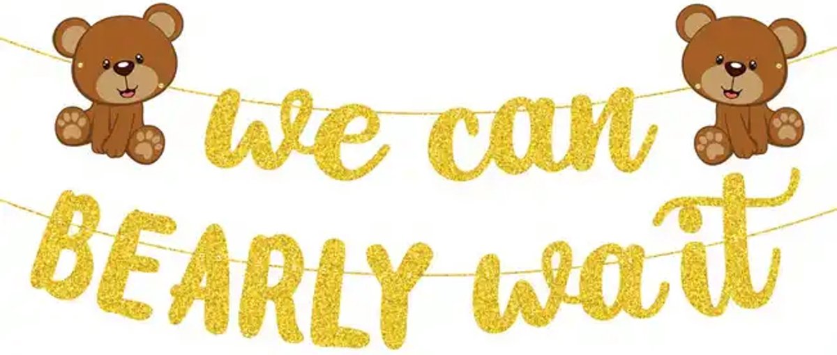 We can Bearly Wait gouden letterslinger met 2 bruine beertjes - beer - slinger - we can bearly wait - babyshower - genderreveal - zwanger - geboorte - decoratie