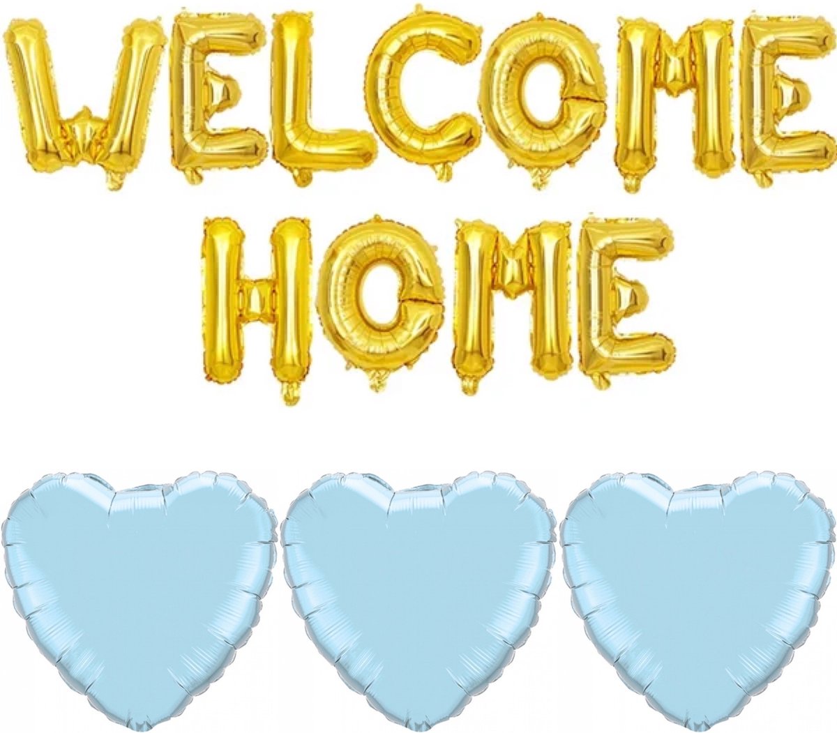 Welcome Home folie ballonnen set goud met 3 blauwe harten - welkom - thuis - folie - ballon - hart - goud - blauw - babyshower - genderreveal