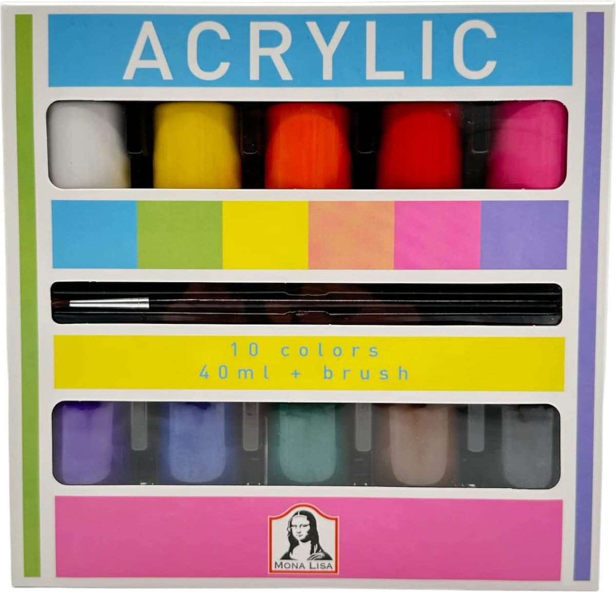 Südor 1955 Monalisa acrylverf set. 10 kleuren van elk 40 ml met penseel voor schilderen op hout, steen en canvas voor kinderen en volwassenen