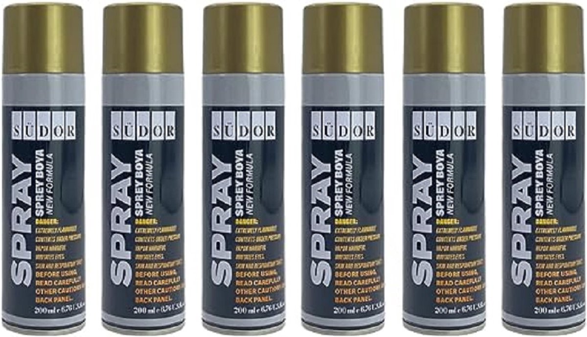 Südor Spuitverf Set 6x200 ml Sneldrogende graffitiverf , Spuitlak , Spuitbus , gouden sprey voor hout, steen, muur, metaal, glas, gips, keramiek