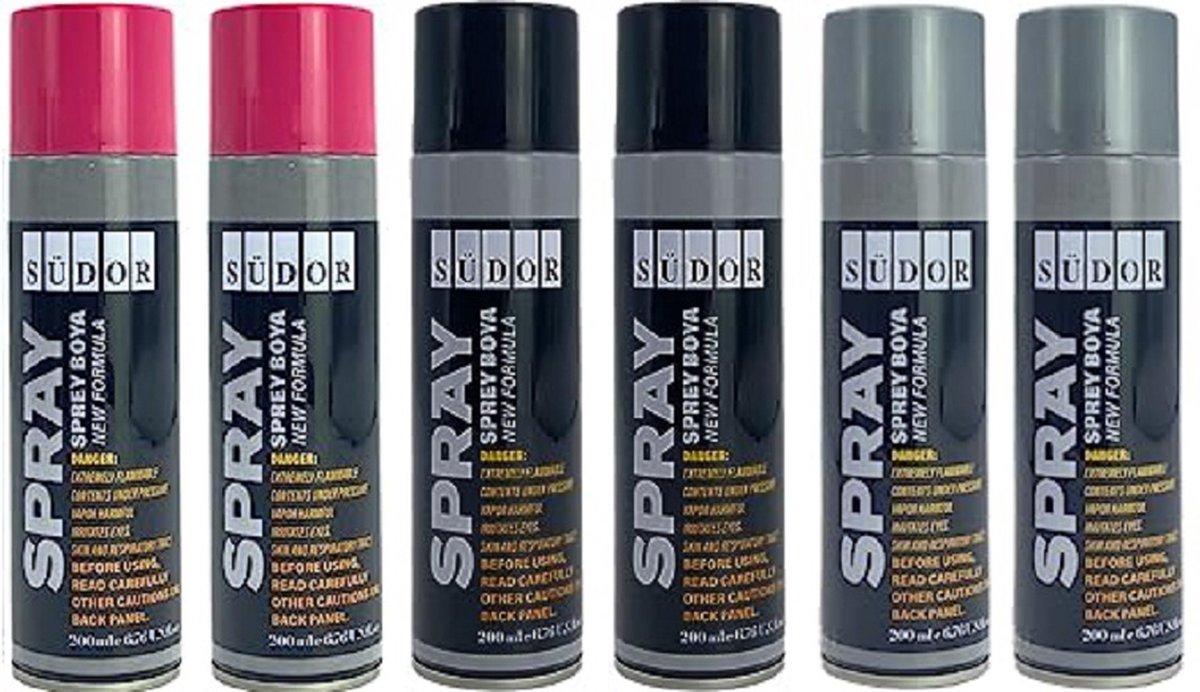 Südor Spuitverfset 6 x 200 ml - Roze + Zwart + Grijs - Sneldrogende graffitiverf voor hout, steen, muur, metaal, glas, gips, keramiek