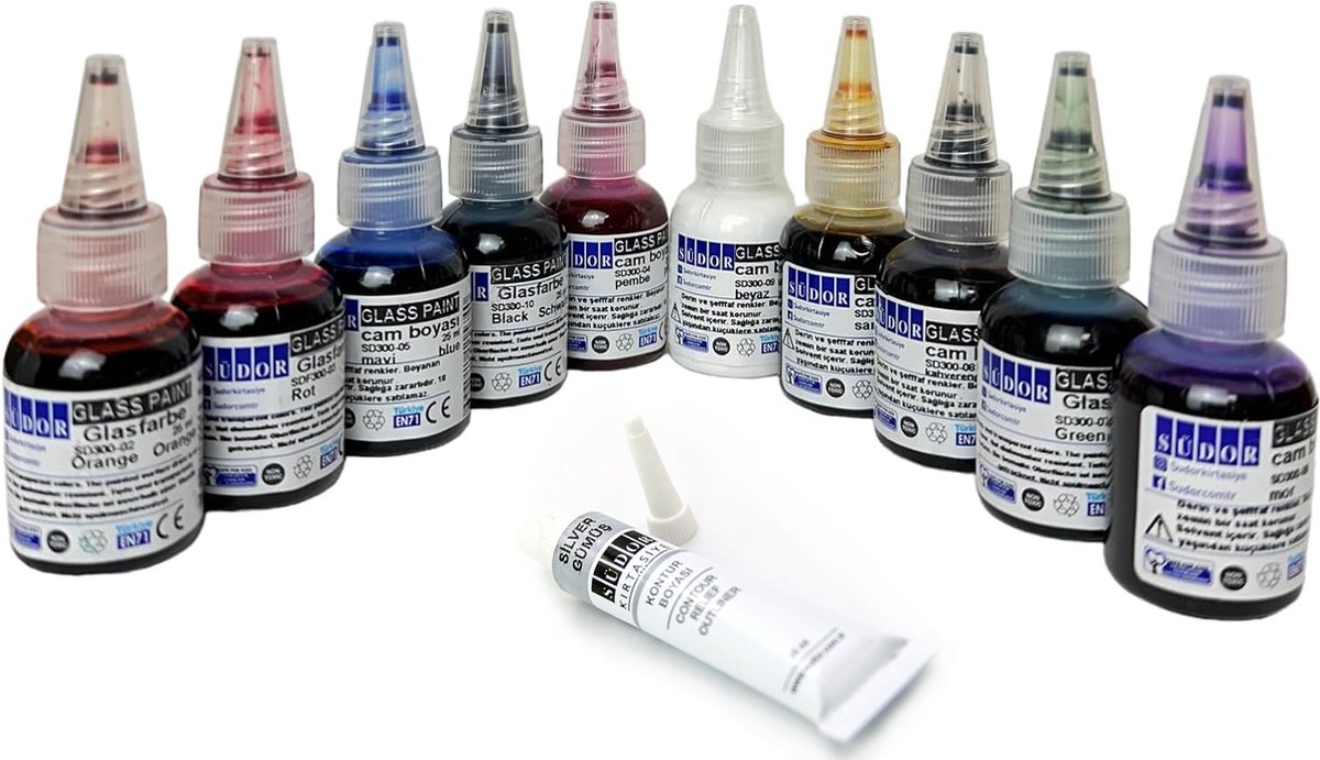 SÜDOR glasverfset Sneldrogend glas in lood kit Geschikt voor decoratief ontwerp Glasverf Glas-in-lood ((10 kleuren x 25 ml) + contourverf, contourpasta (omtrekverfset (1 grijs x 25 ml))