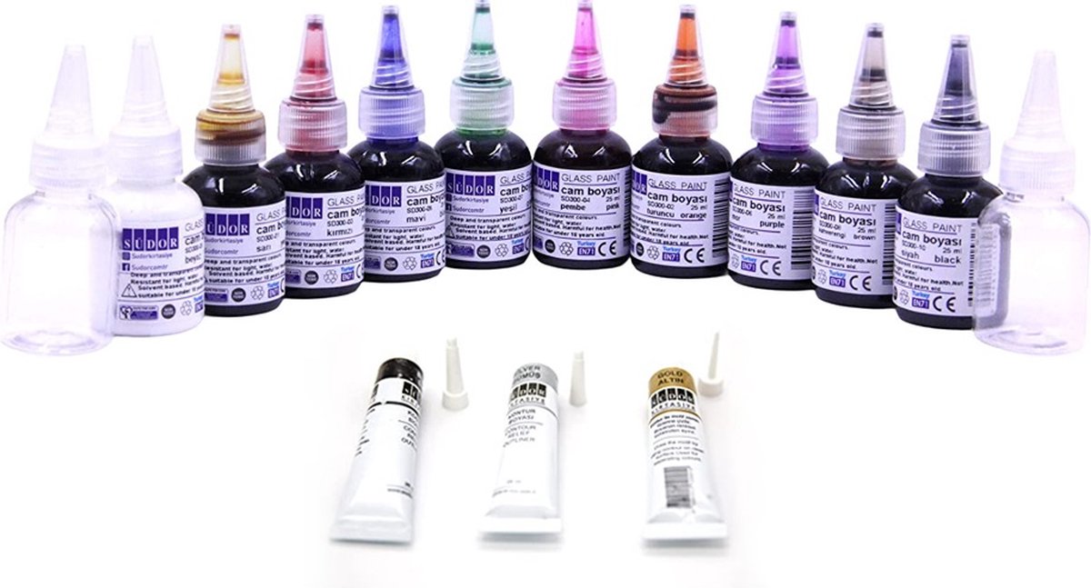 SÜDOR glasverfset. Sneldrogend glas in lood kit. Geschikt voor decoratief ontwerp. Glasverf Glas-in-lood (10 kleuren x 25 ml) + contourverf, contourpasta (omtrekverfset (3 x 25 ml))