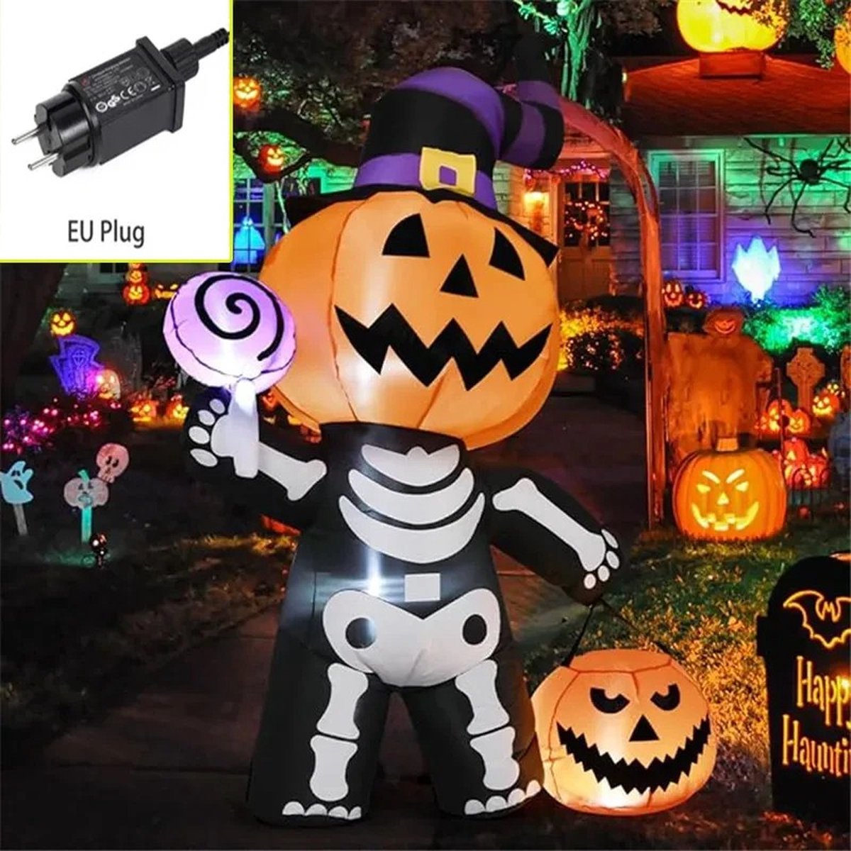T&L Store® Halloween Decoratie - Opblaasfiguur - Pompoen - Decoratie - Skelet - Binnen en Buiten - Opblaasbaar - 1.8m