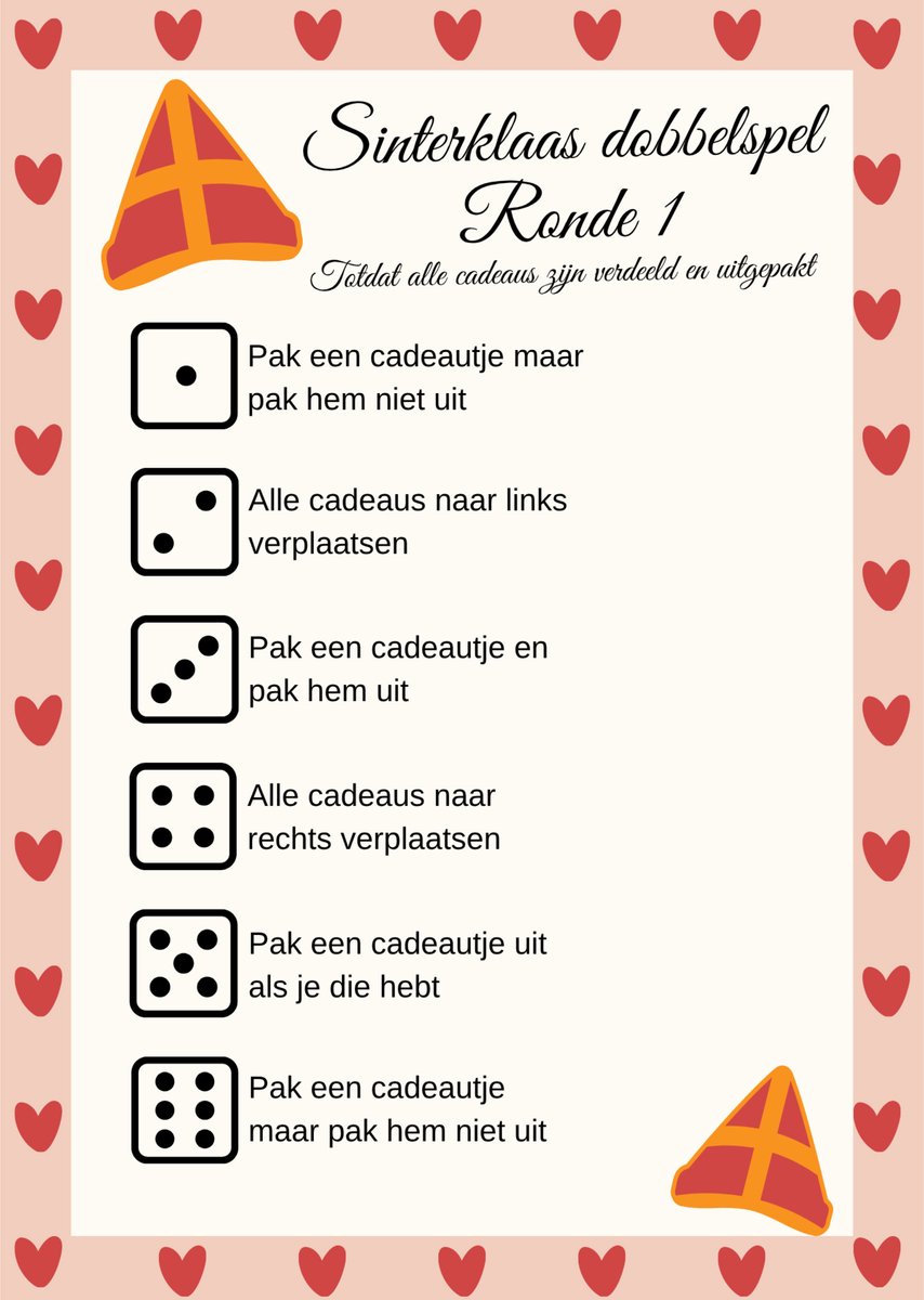 Sinterklaas dobbelspel - A4 papier - XL foam dobbelsteen rood - kookwekker - pakjesavond