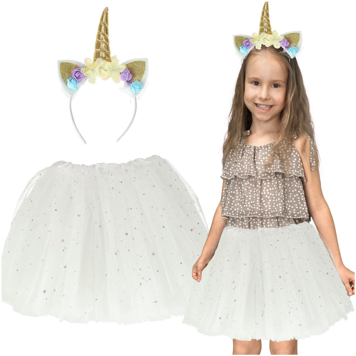 T.R Goods Unicorn Verkleedkleding Meisje 3 tot 6 jaar - Rok en Haarband - Tutu met Glitters
