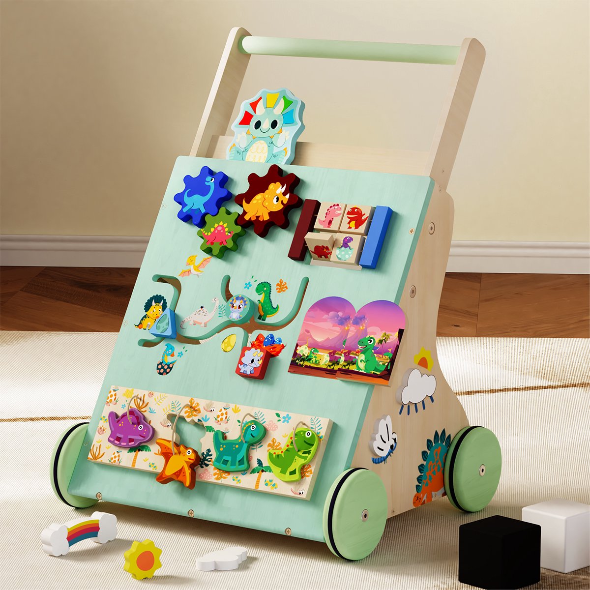 TERRAMUS Houten Baby Walker - Dinosaurus Peuter Babywalker - Montessori Educatieve Centrum Loopstoel - Ontwikkelt motorische Loopwagen Baby Zit-sta Speelgoed 1 jaar