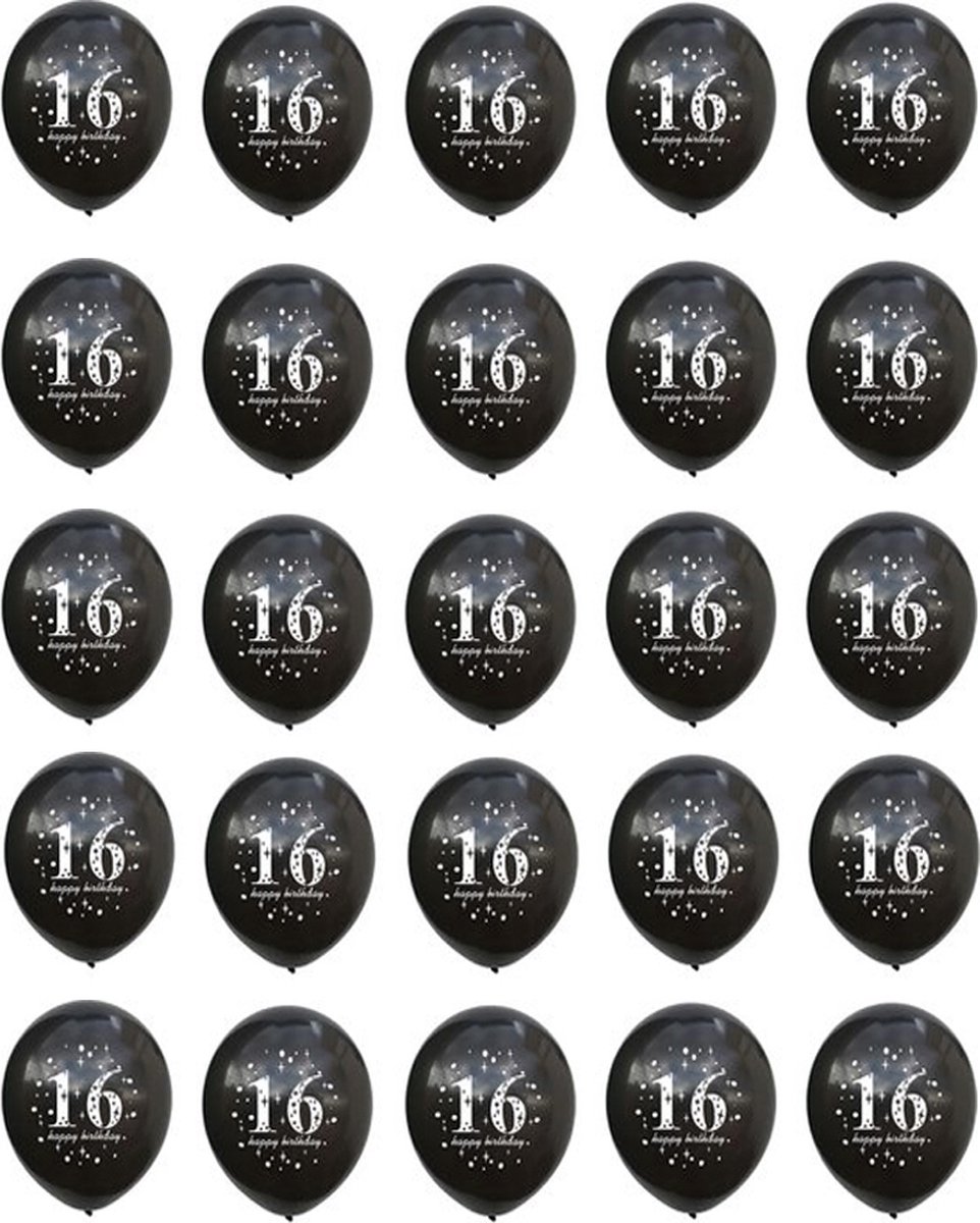 Zwarte Ballonnen met 16 Jaar Opdruk – Set van 25 Stuks