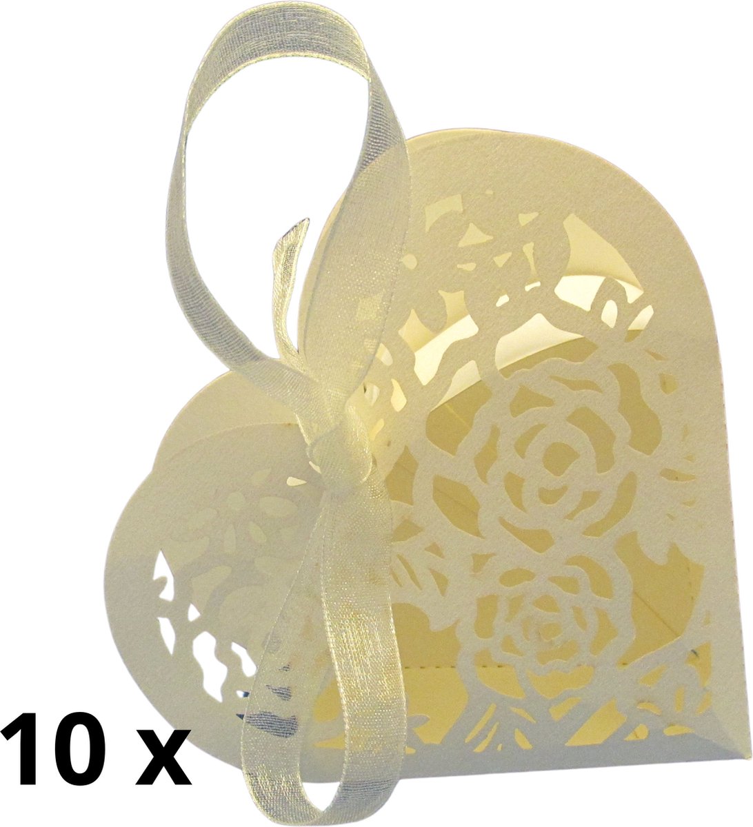 Cadeaudoos - Geschenkdoosje - Doopsuiker verpakking - Hart Wit met lintje - 10 stuks - Huwelijk - Bruiloft - Communie