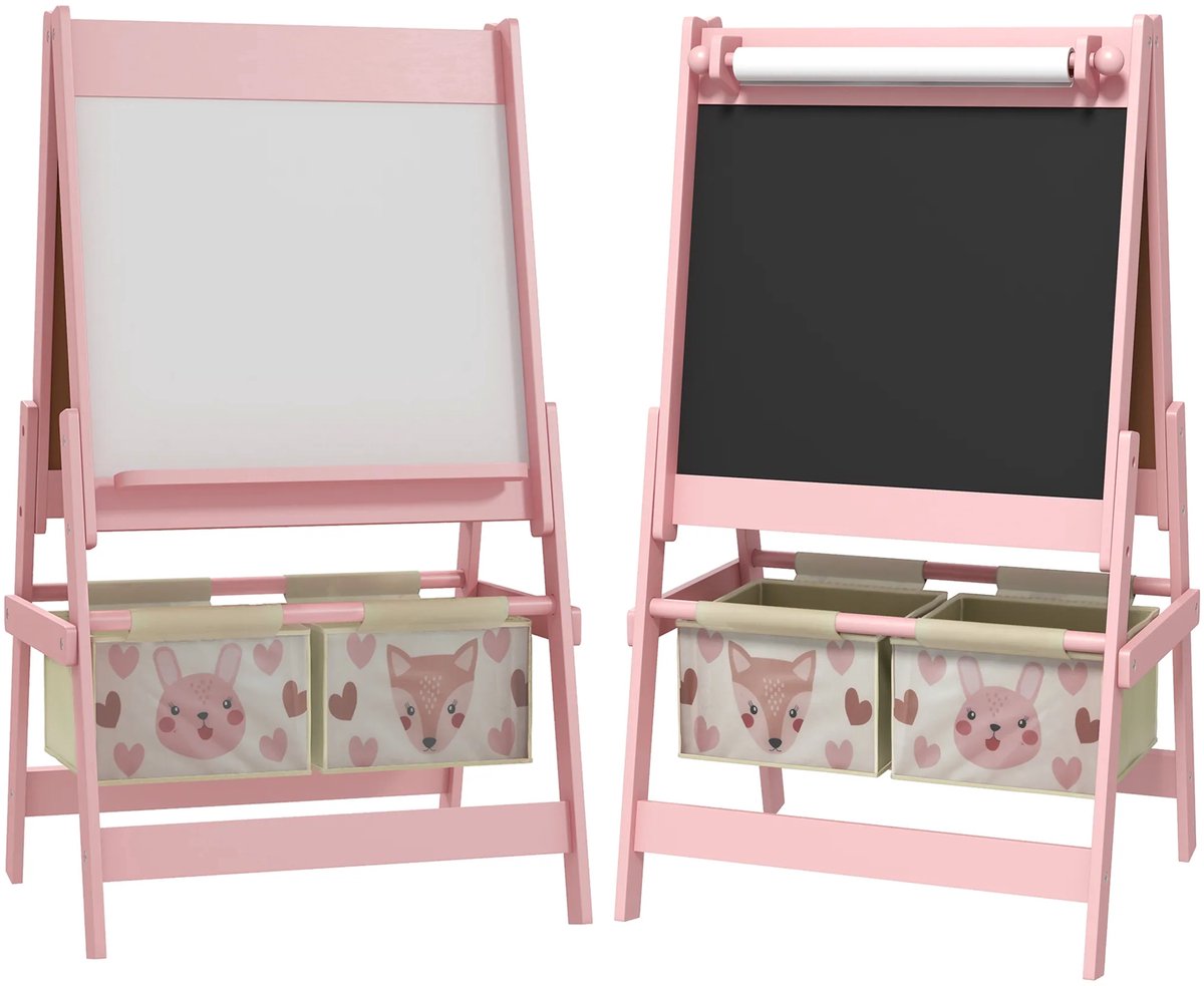 AIYAPLAY 3-in-1 Kinder Ezel Met Papierrol, Krijtbord, Whiteboard, Opbergmanden, 54 X 46,5 X 93 Cm, Roze