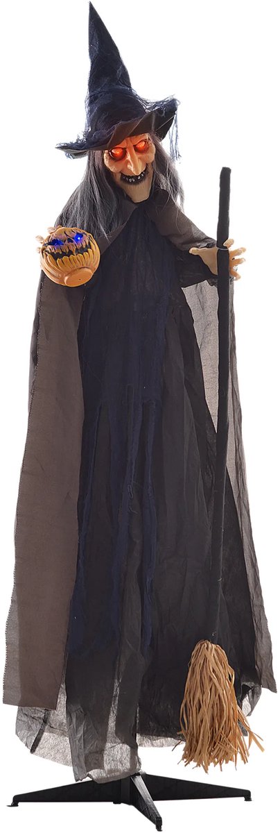 Halloween Decoratie Heks Met Bezem, Gloeiende Ogen, Griezelige Geluiden, Buigzame Armen, 107x65x190 Cm