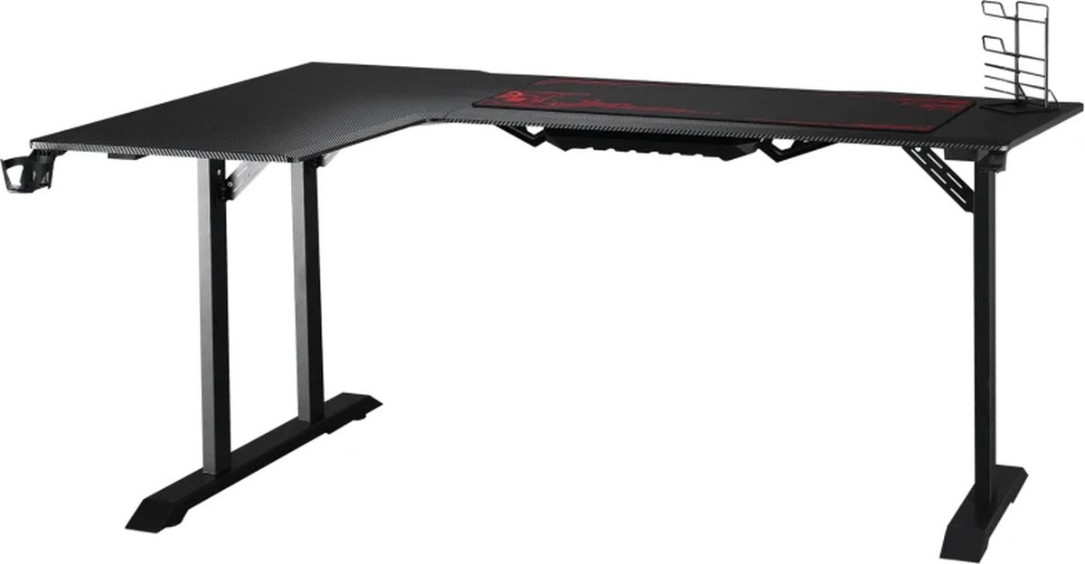   L-vormig Bureau met Koptelefoonhaak en Bekerhouder -   van MDF en Metaal - Zwart + Rood - 168 x 109 x 78 cm