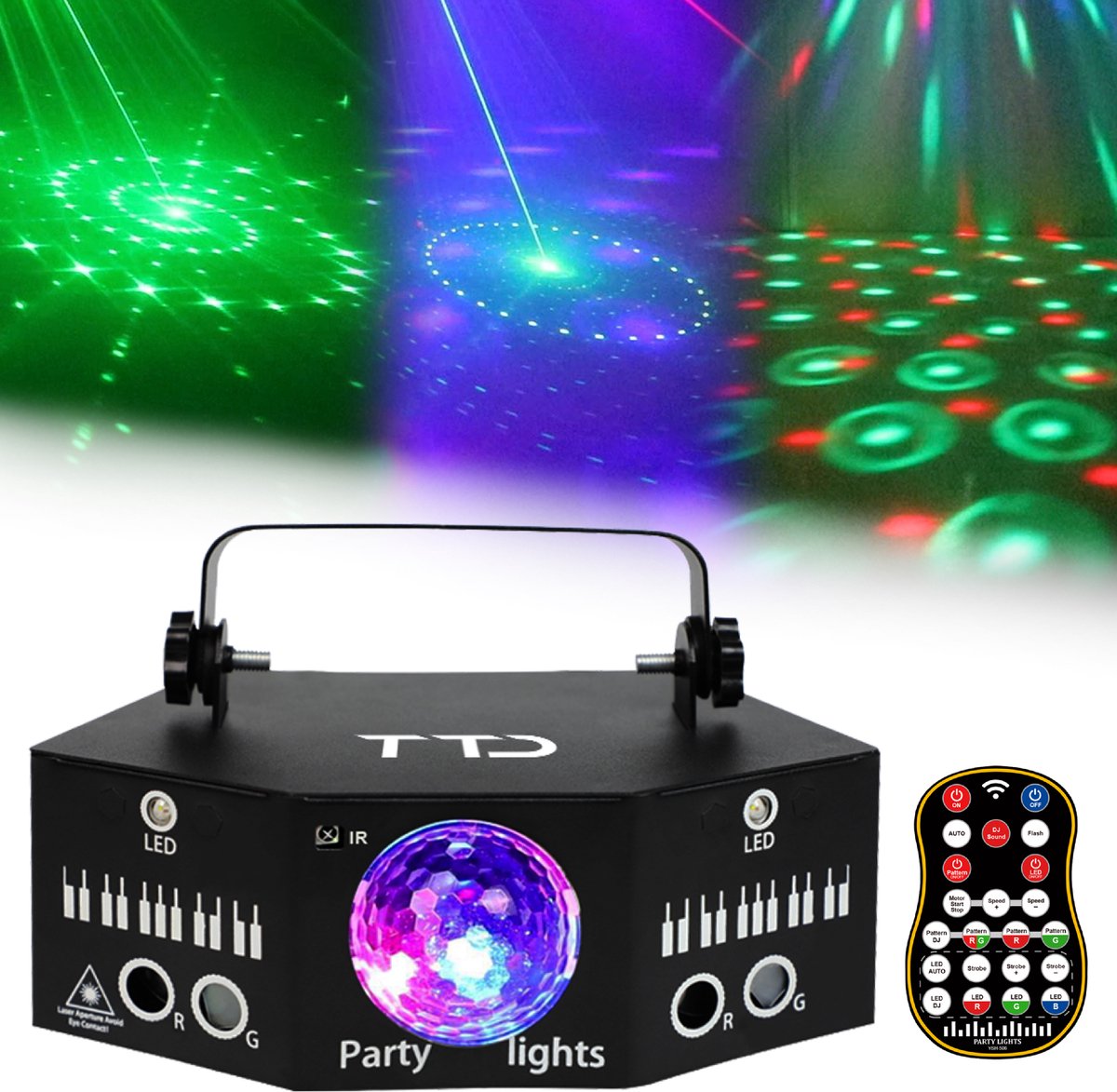 TTD® Professionele LED Discolamp – Discobal Kinderen met 7 Outputs, Geluidgestuurd & DMX-Compatibel – Lasers, LEDs en Discobal voor Feesten en Evenementen - 4 LED kleuren - 180 Graden bereik - DMX ondersteuning - Discobol