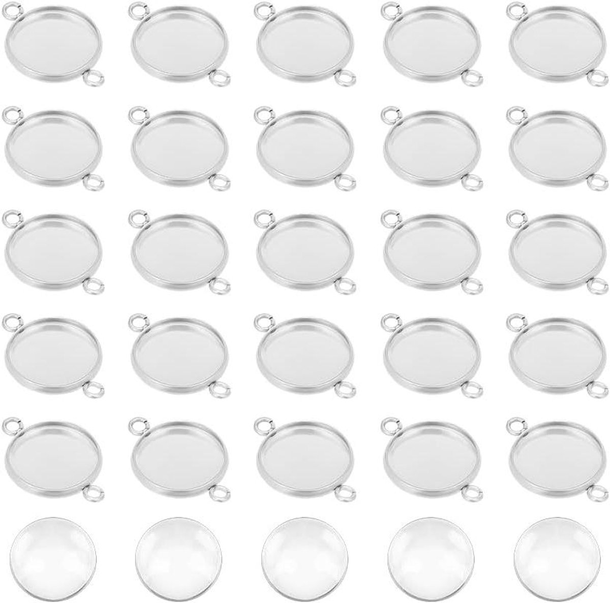 TTGoods - 50 stuks platte ronde lade link maken van roestvrij staal inclusief glazen cabochons voor DIY sieraden - ketting oorbel bevindingen
