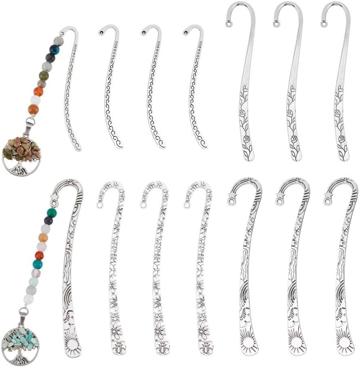 TTGoods - Set van 12 Vintage Bladwijzers in Tibetaanse Stijl - DIY Haak Hangers - Antiek Zilver - Unieke Gesneden Charm Boek Markers met Loops - Voor Studenten, Leraren en Boekliefhebbers