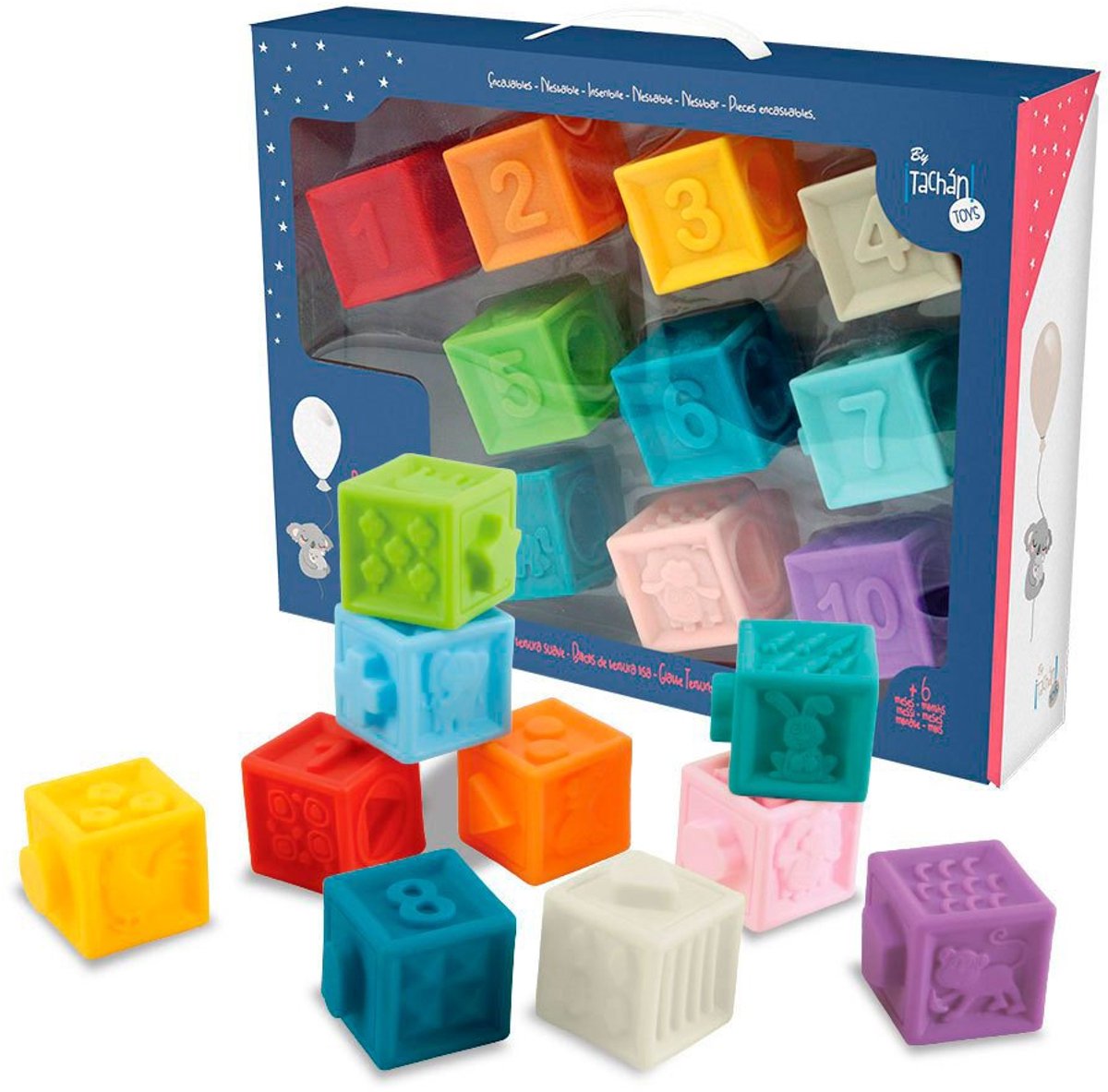Blokkenset voor Baby - 10 Stuks - Tachan - Rubber Blokken met Textuur - Duurzaam en Veilig - Zacht - Multicolor