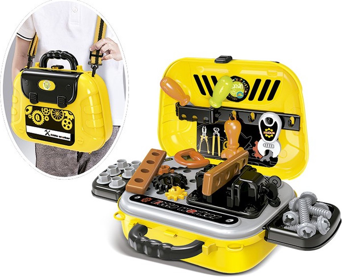 Speelgoed 2 in 1 Gereedschapskoffer en Werkbank - Tachan - In Draagbare Koffer met Schouderband - Gereedschap voor Kinderen
