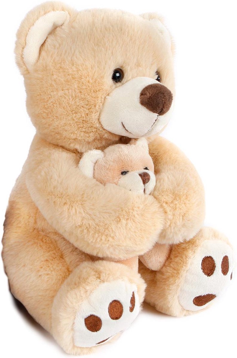 Knuffel pluche Moederbeer met welp - beige - 25 cm