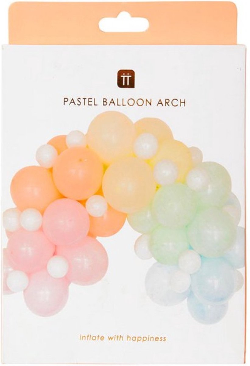 Talking Tables - Ballonnenboog Pastel - 60 ballonnen - 20 lijmstippen - Ballontape van 5 meter - Papierlint van 2 meter - Blad met instructies en toptips - 3 meter lang wanneer gebouwd