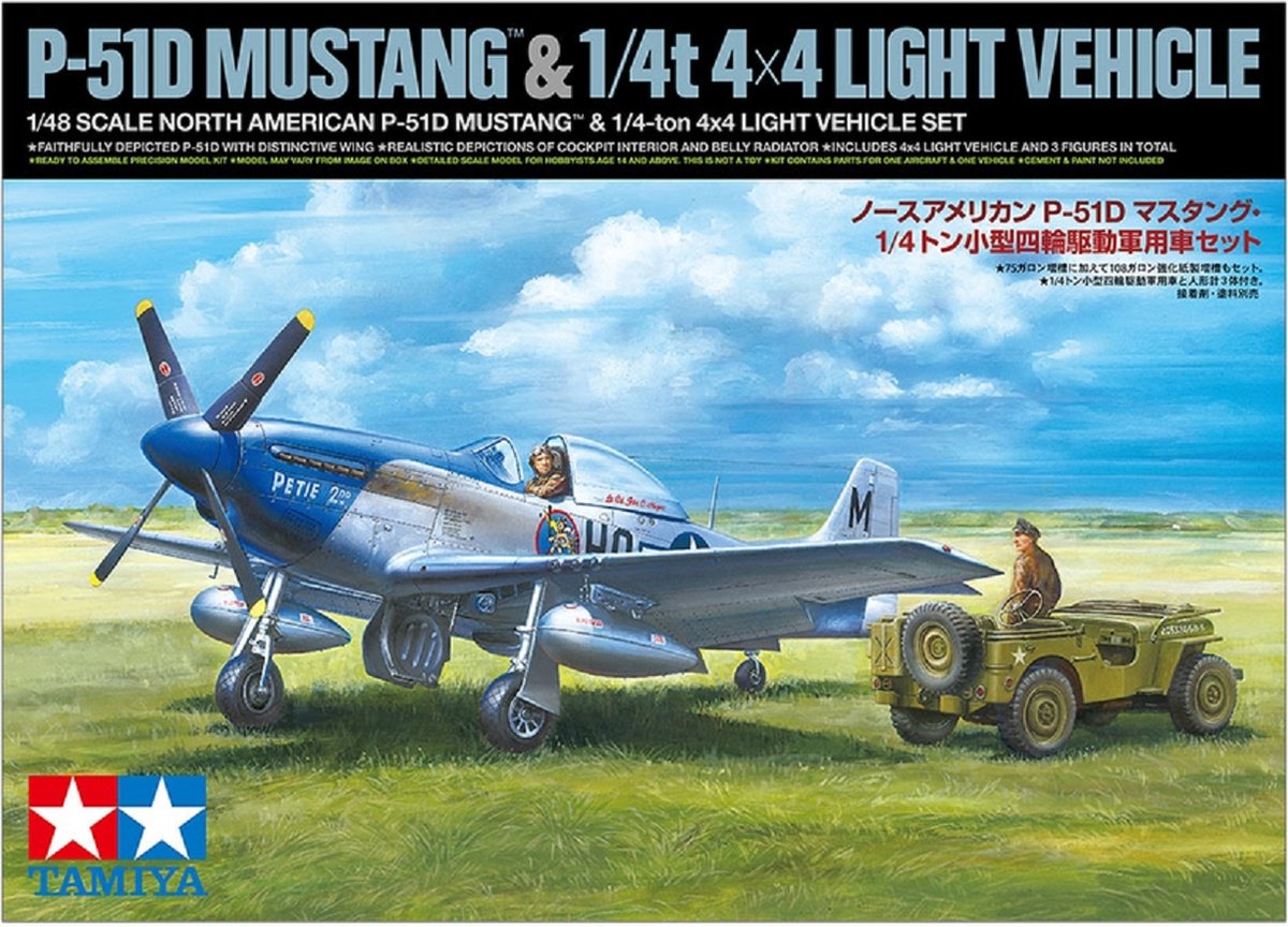 1:48 Tamiya 25205 North American P-51D Mustang & 1/4 ton 4x4 Light Vehicle Set Plastic kit
