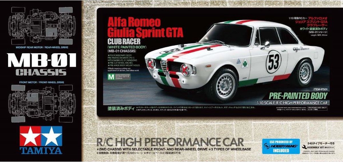 Tamiya Modelbouwpakket Militaire voertuigen - 47501 RC Alfa Romeo Giulia Sprint GTA Club Rr met in Body in Kleur RC Plastic - 1:10 -