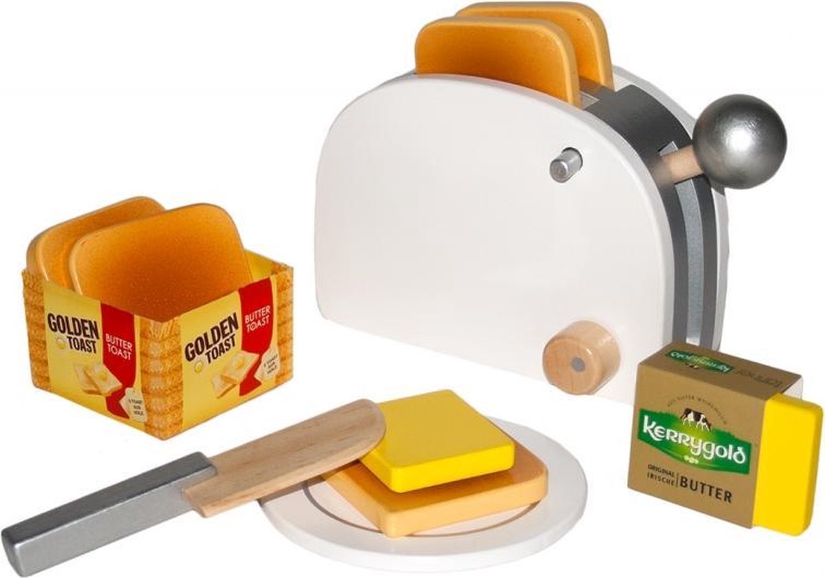 Houten broodrooster met brood en boter