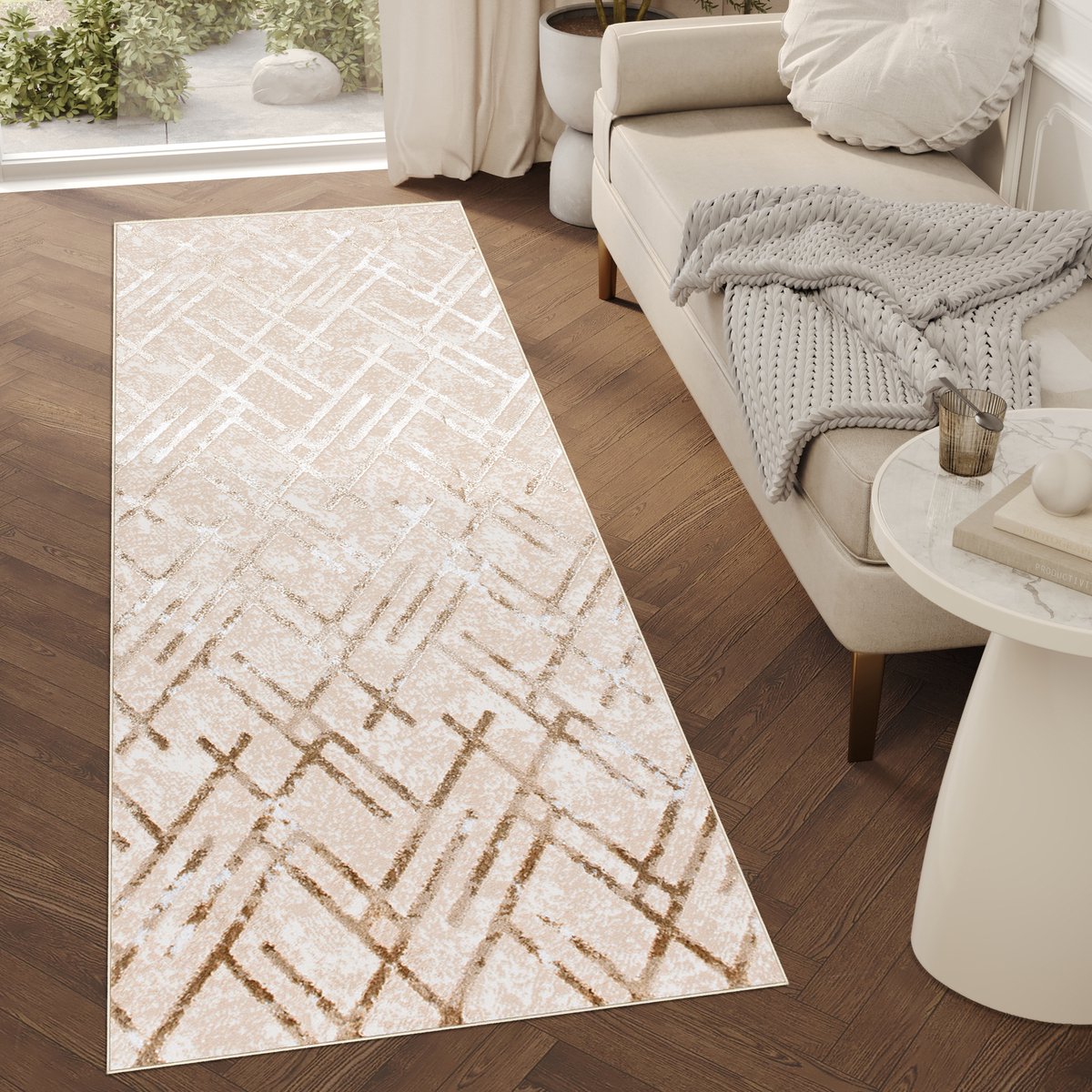 Tapiso Crystal Loper Tapijtloper Beige Laagpolig Kleed Vloerkleed Maat- 70x1200