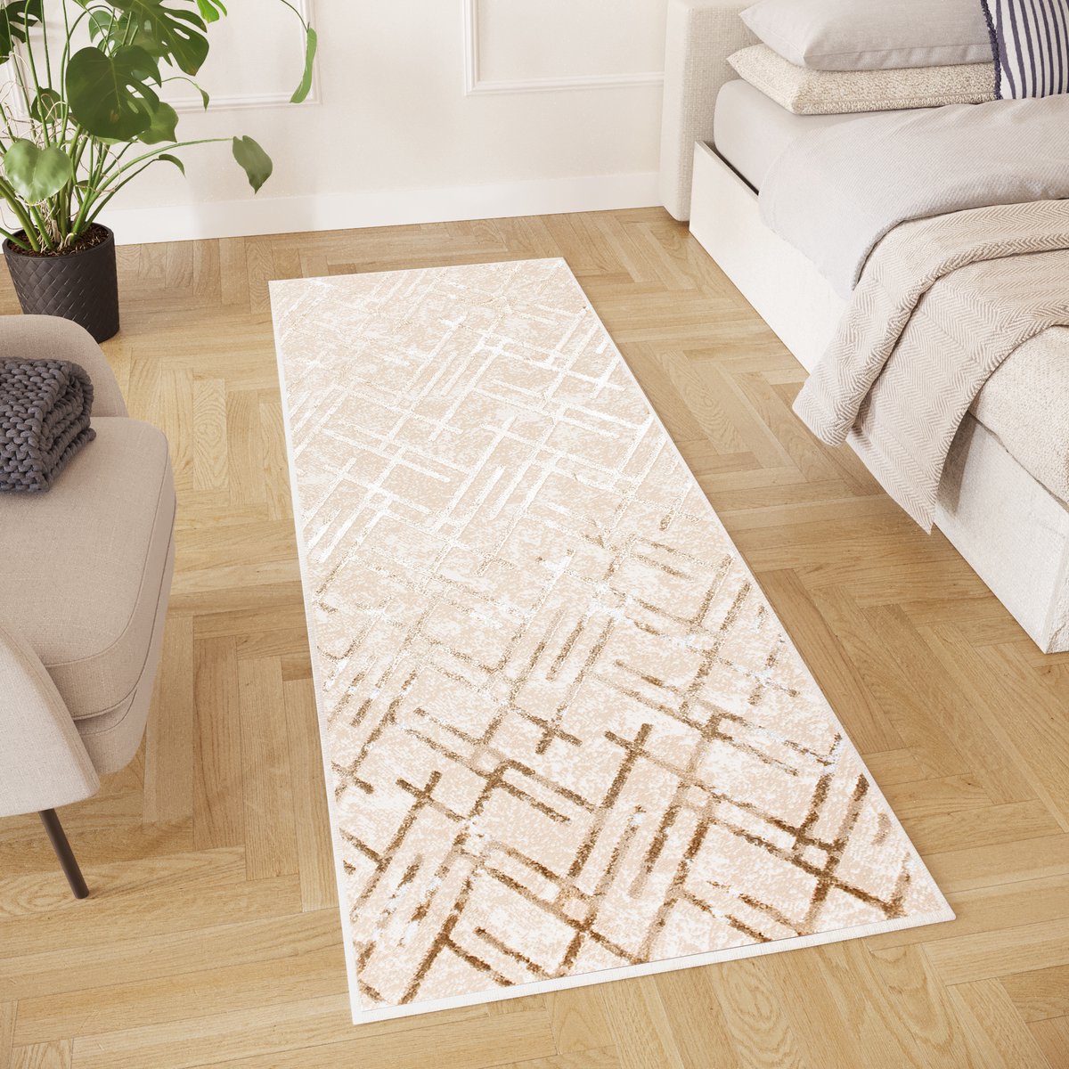 Tapiso Crystal Loper Tapijtloper Beige Laagpolig Kleed Vloerkleed Maat- 70x1500