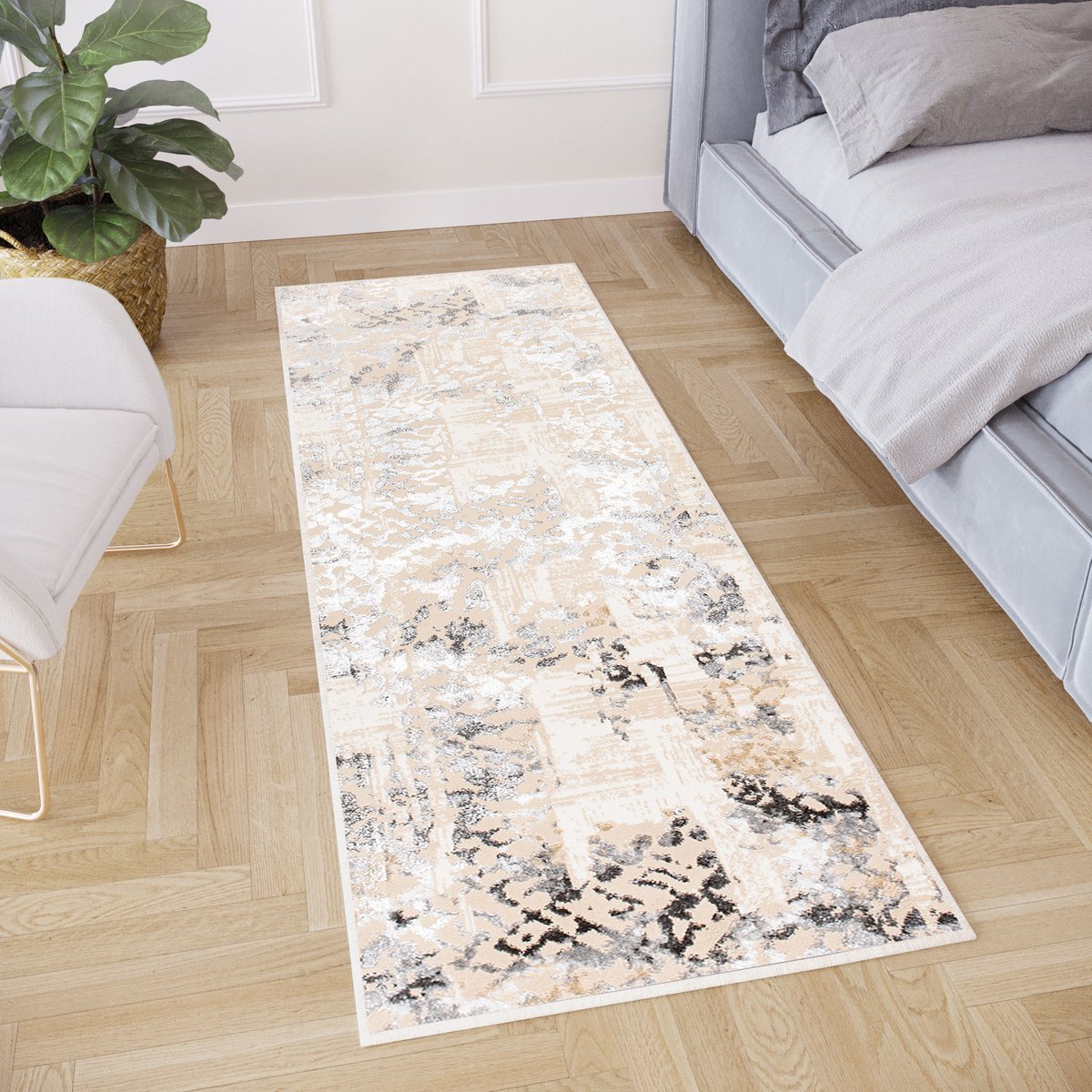 Tapiso Crystal Loper Tapijtloper Beige Lichtgrijs Laagpolig Vloerkleed Maat- 100x300