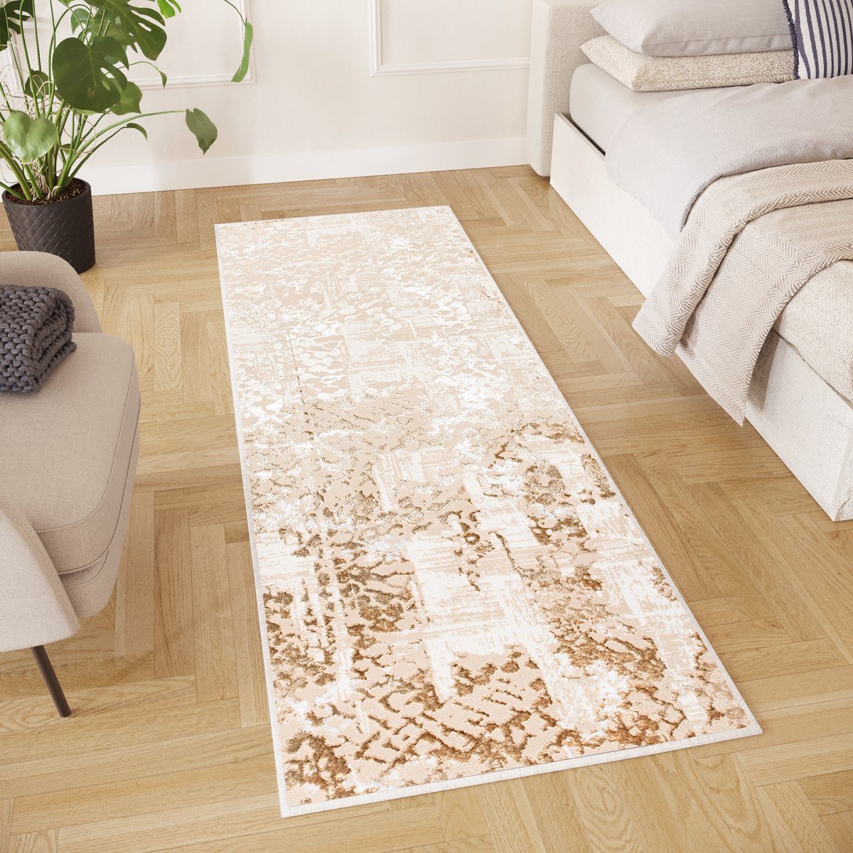 Tapiso Crystal Loper Tapijtloper Bruin Laagpolig Vloerkleed Maat- 70x250