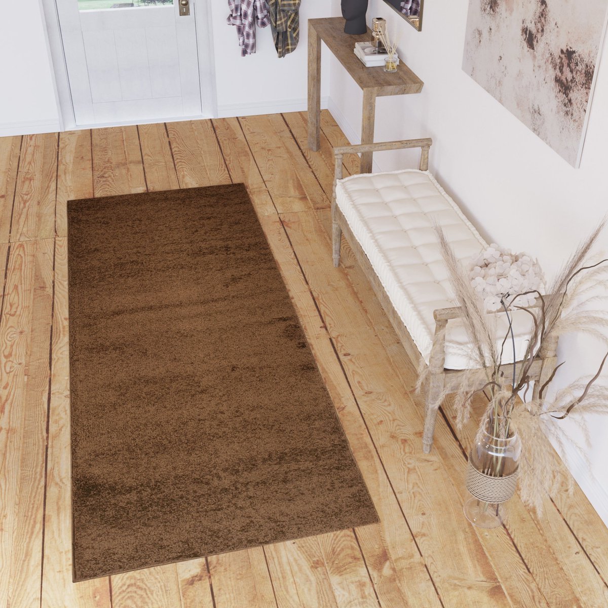 Tapiso Delhi Tapijtloper Vloerkleed Bruin Hoogpolig Fluffy Op Maat- 70x300