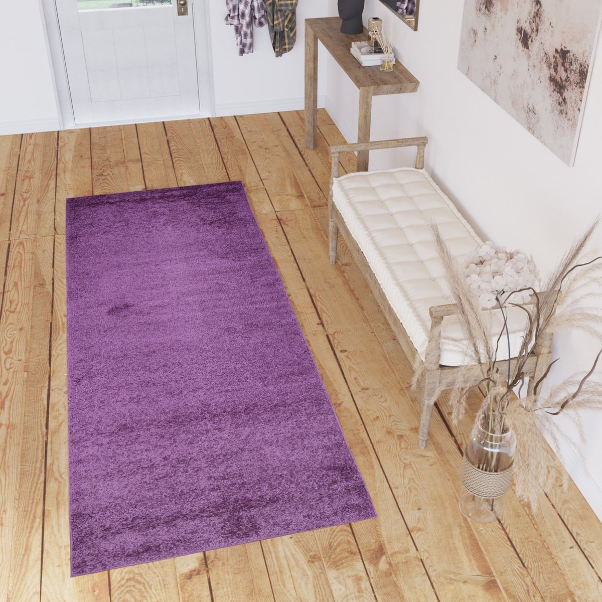 Tapiso Delhi Tapijtloper Vloerkleed Hoogpolig Fluffy Paars Op Maat- 120x400