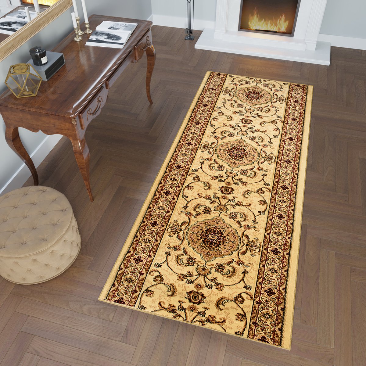 Tapiso Yesemek Tapijtloper Creme Klassiek Woonkamer Gang Vloerkleed Maat- 100x1200