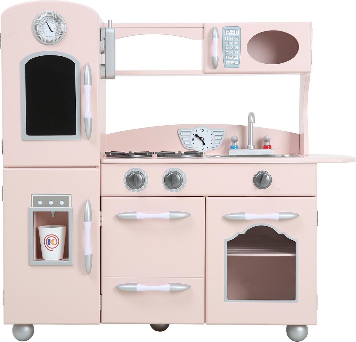 Roze houten speelgoedkeuken koelkast, diepvries, oven   TD-11414P