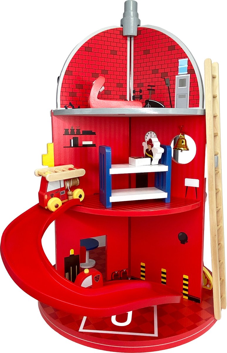 Teamson Kids - Houten Brandweerkazerne met 25-delige Figuren Set - Rood