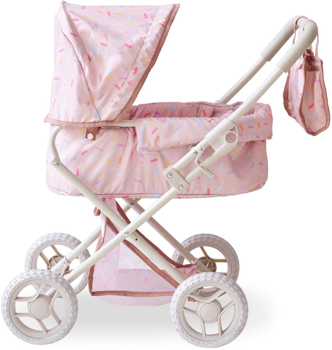 Teamson Kids 2-in-1 Poppenwagen Classic beige met afneembare wieg, verstelbare kap, mand en tas, bevordert empathie en fantasierijk spel