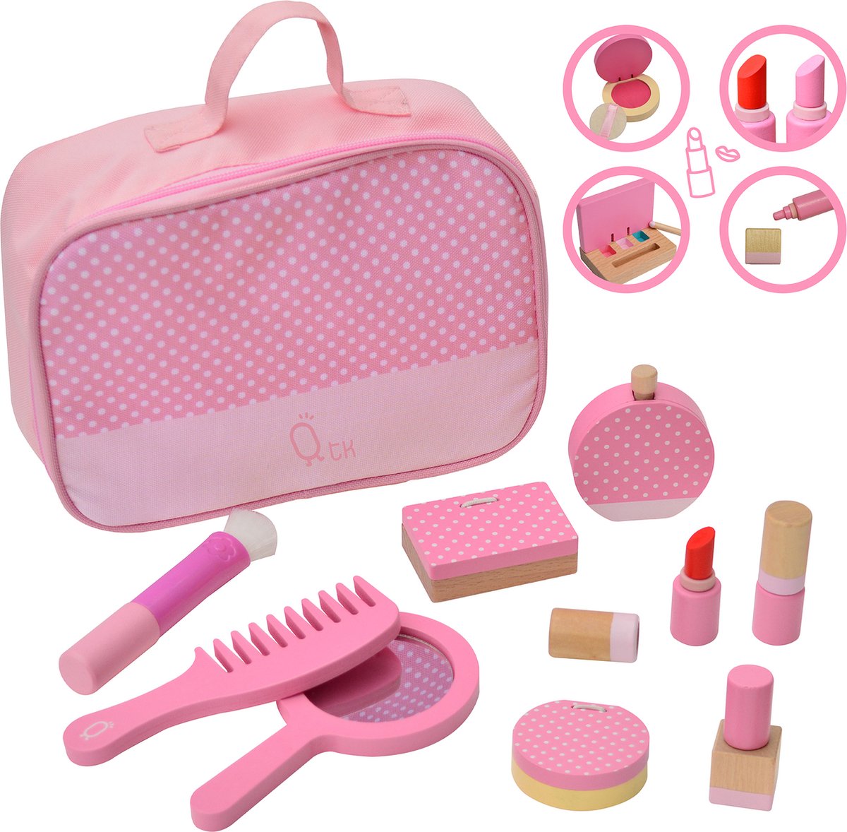  Chloe Houten Reisijdelheid Set Make-up Kit Fantasiespel Cosmetica met Tas & 9 Accessoires Mode Polka Dot Print Roze TK-W00010