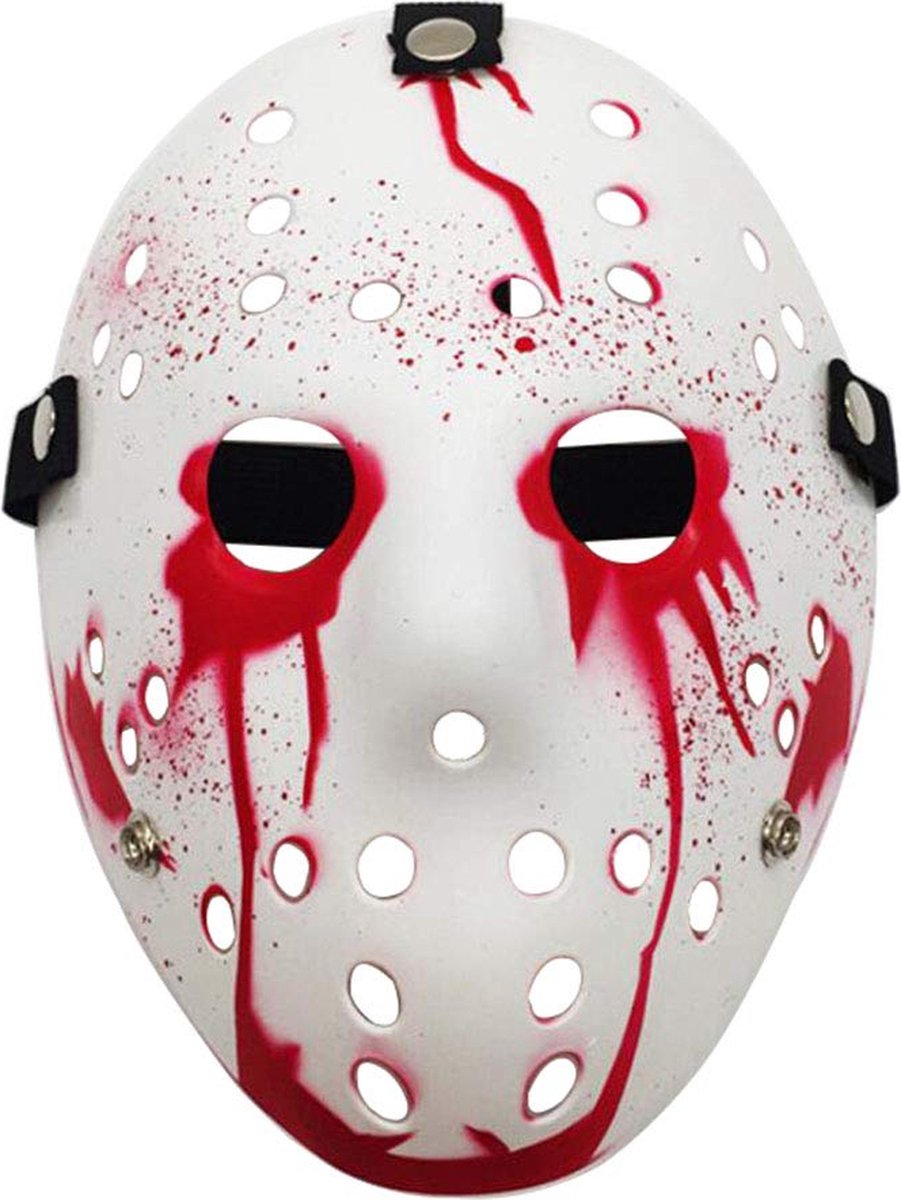 Jason Voorhees Hockey Masker - Halloween Masker - Horror Film Friday The 13th - Cosplay Masker - Verkleedmasker - Wit met Rood Bloed