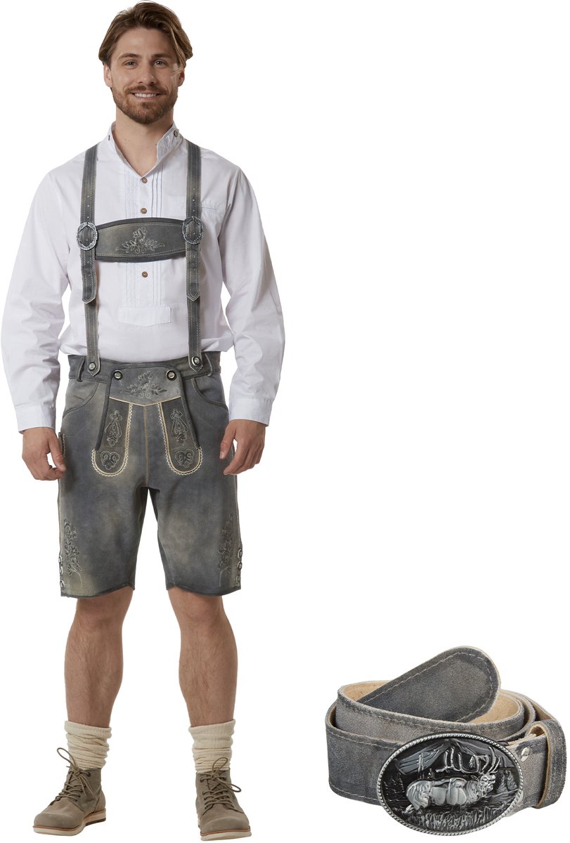 dressforfun - Authentieke Korte Lederhosen Joshua - Met Riem en Bretels - Echt Leer - Zandkleur - 50 - Oktoberfest Kleding Man - Herenkostuum - Verkleedkleding - Duitse Klederdracht - Carnavalskleding - Klederdrachtvest - Traditionele Leren Broek