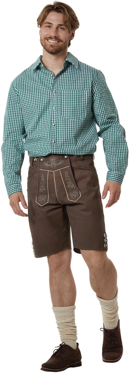 dressforfun - Authentieke Lederhosen Lian - Met Bretels - Bruin - Kunstleer - 56 - Oktoberfest Kleding Man - Herenkostuum - Verkleedkleding - Duitse Klederdracht - Carnavalskleding - Klederdrachtvest - Traditionele Kunstleren Broek