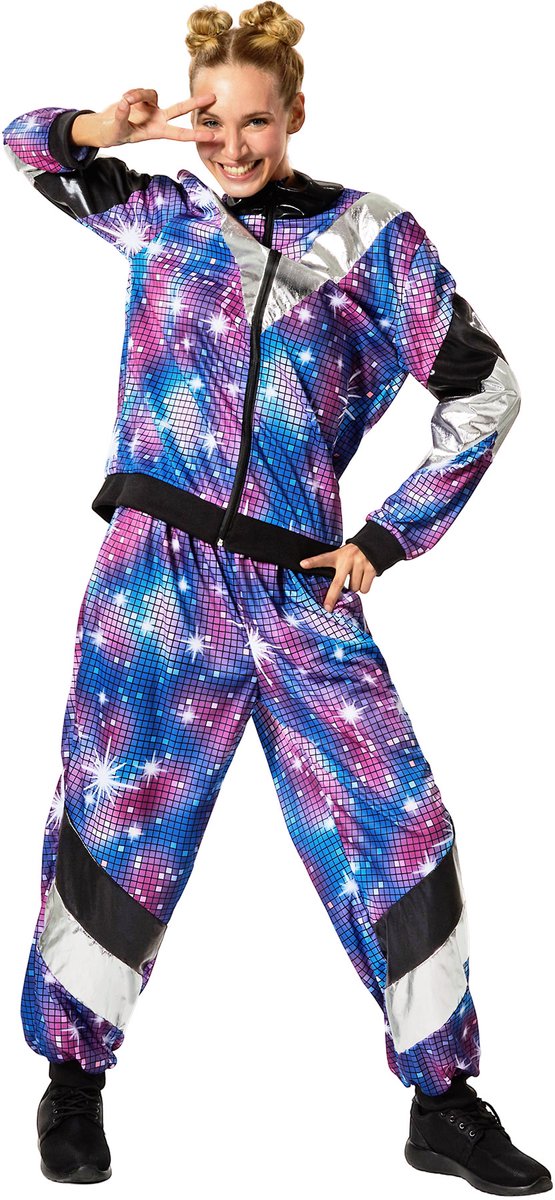 dressforfun - dameskostuum retro 80er 90er jaren disco joggingpak - blauw, M - Verkleedkleding carnaval - Halloween - Verkleden - Feestkleding - Carnavalskleding - Feest - Partykleding