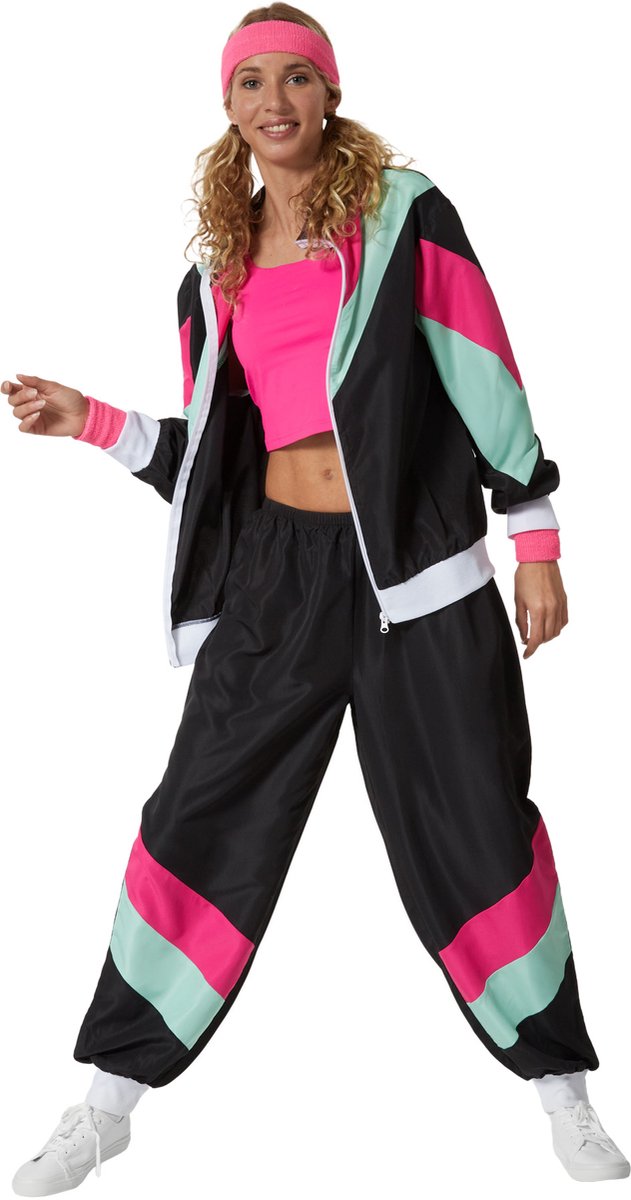dressforfun - dameskostuum retro 80er 90er jaren joggingpak - zwart, XXL - Verkleedkleding carnaval - Halloween - Verkleden - Feestkleding - Carnavalskleding - Feest - Partykleding