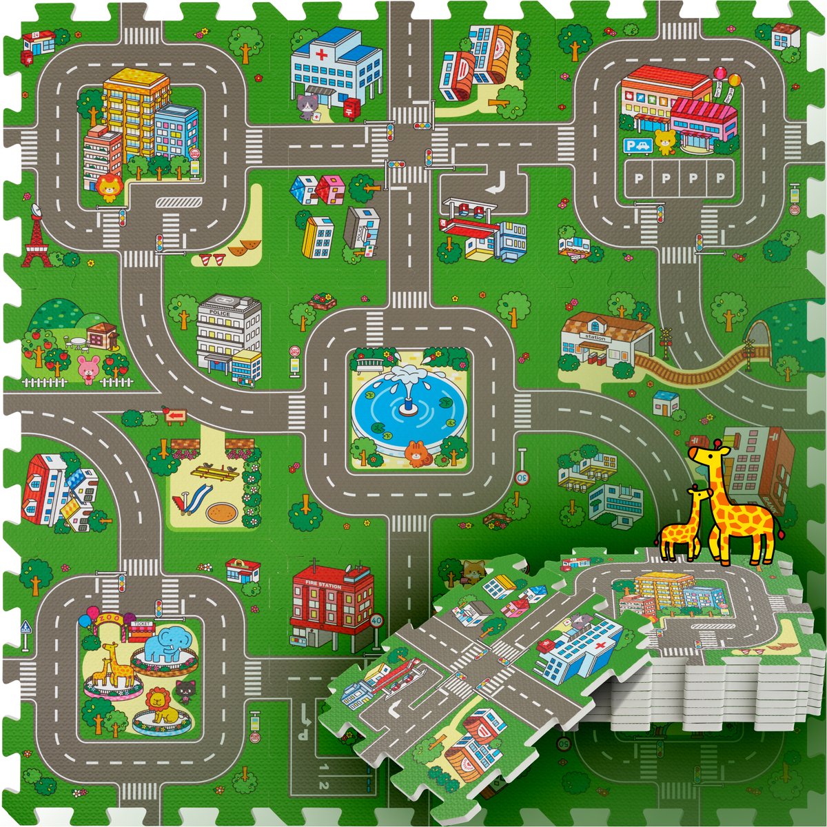 tectake® - Speelkleed - Speelmat foam - Speeltapijt baby - Stad en Wegen - 90 x 90 cm - 9-delige Puzzelmat - Antislip - Geluidsdempend en vochtwerend