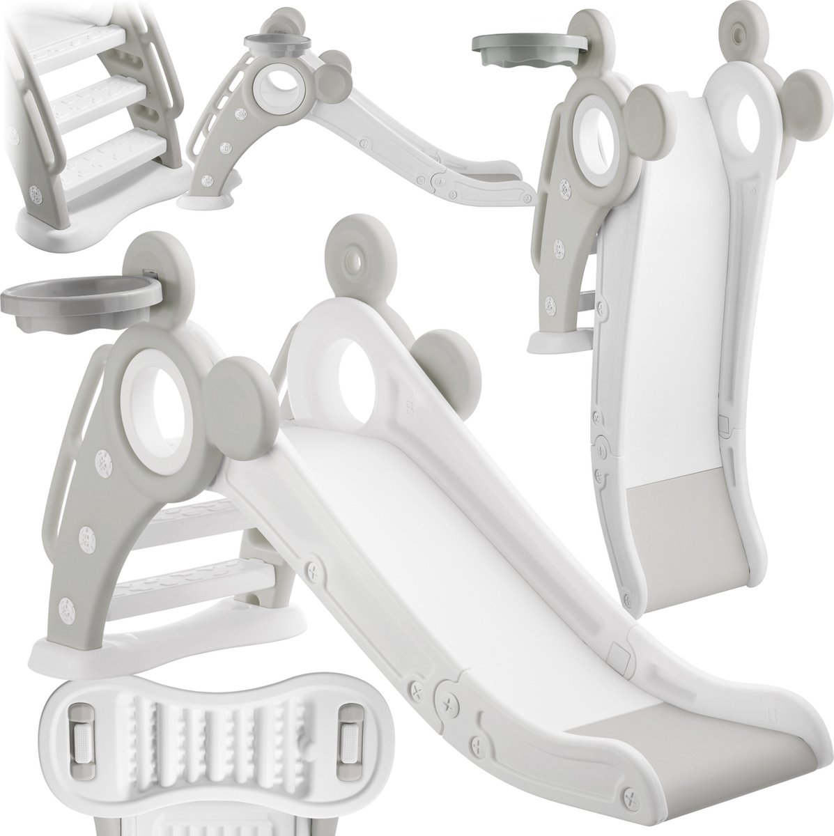 tectake® Kinderglijbaan -   Peuter - Vanaf 2 jaar - Met basketbalring - Opvouwbaar - 128 x 66,5 x 67,5 cm - Voor binnen en buiten - Grijs