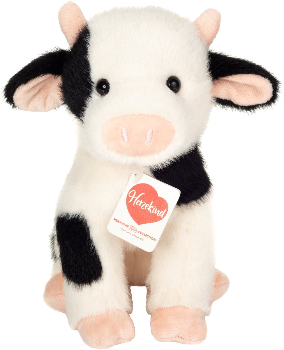 Hermann Teddy Knuffeldier Koe - zachte pluche stof - premium knuffels - zwart/wit - 25 cm - Boerderijdieren
