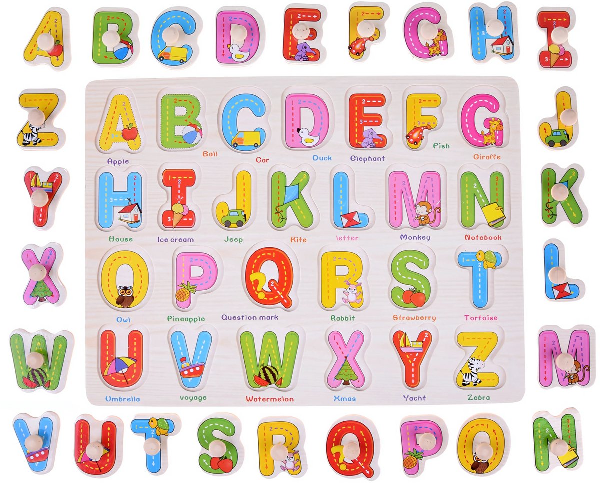 Alfabet Puzzel - ABC - Houten puzzels voor kinderen 1 jaar / 2 jaar / 3 jaar - Educatief speelgoed - Engels - Cadeau jongen / meisje - Baby / Dreumes / Peuter - Traktatie - Uitdeelcadeaus